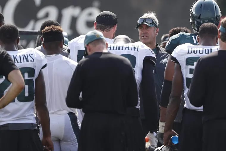 Eagles’ head coach Doug Pederson, center right, talks with his players after Eagles training camp in Philadelphia, PA on August 2, 2017. DAVID MAIALETTI / Staff Photographer