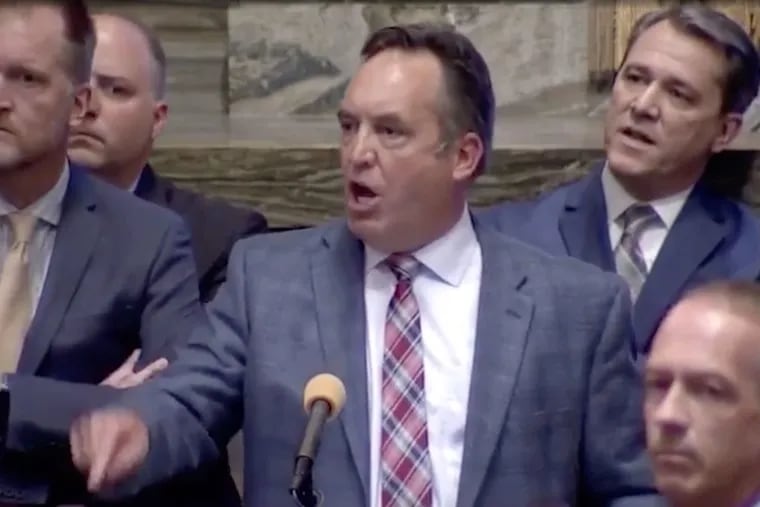 Republican Senate Majority Leader Jake Corman, surrounded by fellow Republicans, while yelling at Lt. Gov. John Fetterman after Democratic Sen. Katie Muth of Montgomery County read a letter from a former homeless man on the Senate floor last week.