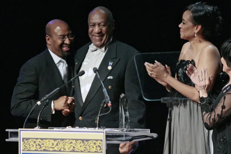 Mayor Michael Nutter, Bill Cosby and Pamela Browner White after Cosby received the Marian Anderson Award at the Kimmel Center on April 6, 2010. The organization has rescinded the award.