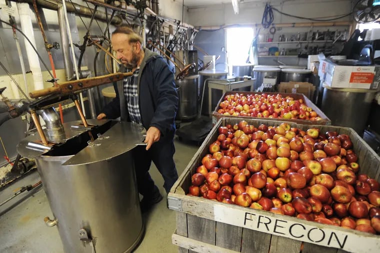 Third generation proprietor of the Bauman Family Apple Butter company, Harvey Bauman, sets up the apple cooker at their store in Sassamansville.
