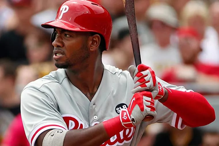 Philadelphia Phillies' Domonic Brown bats  in the second inning of a baseball game against the Pittsburgh Pirates in Pittsburgh, Sunday, June 14, 2015. (Gene J. Puskar/AP)