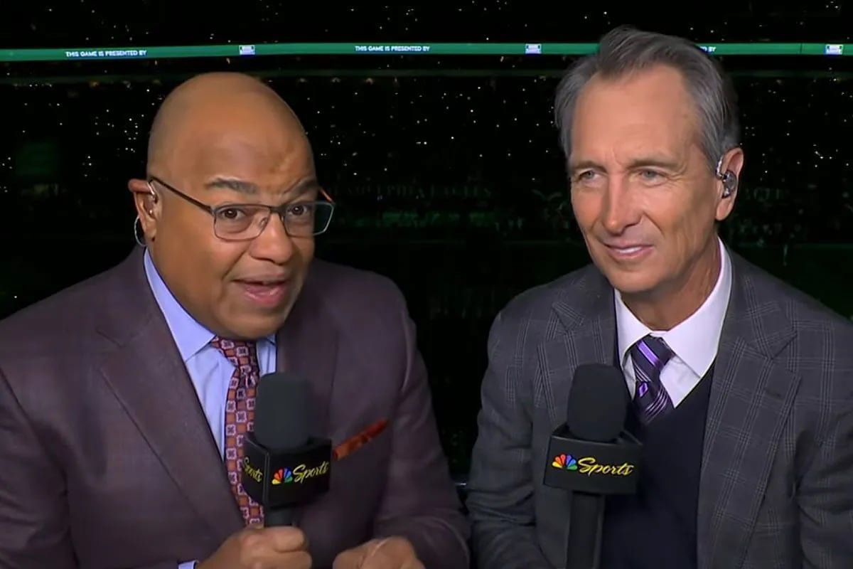 "Sunday Night Football" announcers Mike Tirico (left) and Cris Collinsworth will call Eagles-Cowboys on NBC.