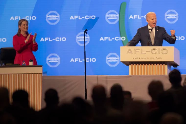 Elizabeth Shuler, president of the AFL-CIO, claps for President Joe Biden as he speaks at the AFL-CIO convention, Tuesday, June 14, 2022, in Philadelphia.