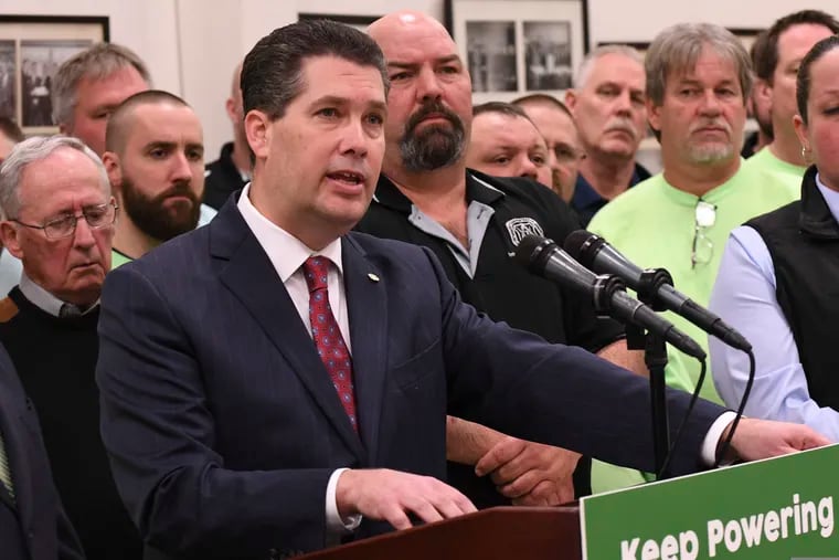 At a news conference at an Ironworkers union hall, Pennsylvania lawmaker Rep. Thomas Mehaffie discusses legislation he is introducing to pump hundreds of millions of ratepayer dollars into the state's five nuclear power plants, Monday, March 11, 2019, in Harrisburg, Pa.