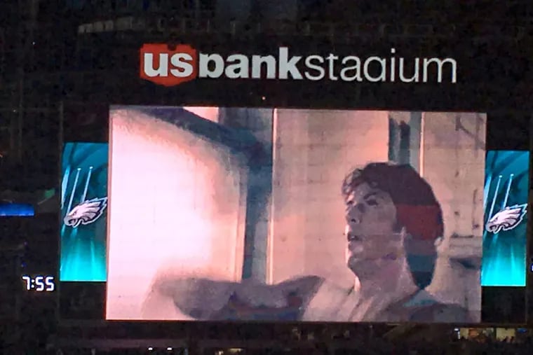 The Super Bowl LII crowd went wild when an Eagles-Rocky hype video appeared on the Jumbotron at U.S. Bank Stadium during the first quarter.
