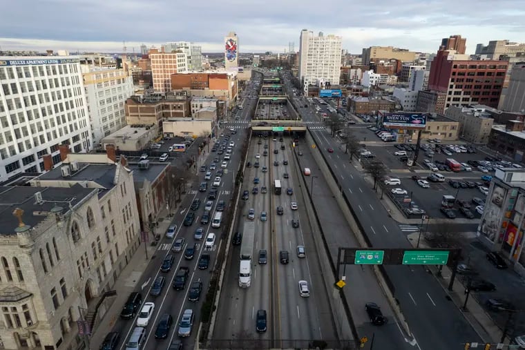 The Vine Street Expressway at Broad Street looking east in Philadelphia. The city plans to cap part of the Vine Street Expressway to reconnect Chinatown.