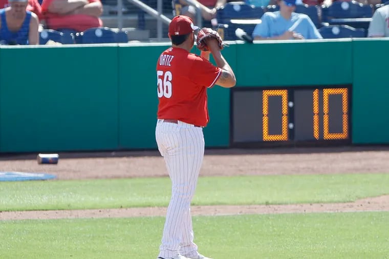 The pitch clock shown during a spring outing by Phillies pitcher Luis Ortiz has done what MLB intended it to do so far this spring