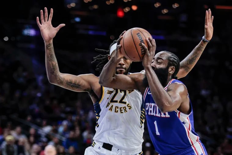 Sixers  James Harden drives on Pacers Isaiah Jackson during the 1st quarter at the Wells Fargo Center in Philadelphia, Monday,  October 24, 2022.