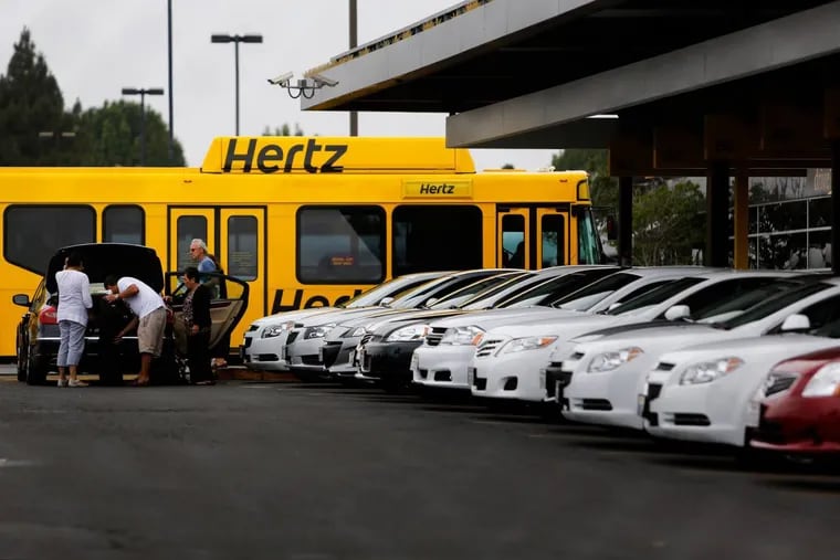 Hertz Rental Cars shuttle buses transport passengers to the Hertz rental location at Los Angeles International Airport . MUST CREDIT: