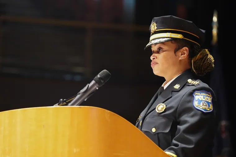Police Commissioner Danielle Outlaw speaks at a Philadelphia Police promotion ceremony in December on the Temple University campus.