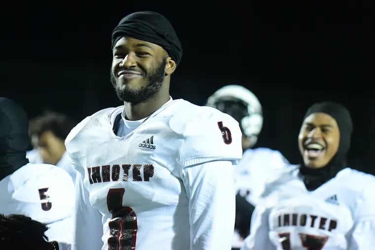 Imhotep Charter's defensive end Enai White (6) poses for a photograph at the conclusion of a PIAA 5A quarterfinal football game against Cathedral Prep in Bellefonte, Pa. on Saturday, Nov. 27, 2021. White, as one of the top players in his position in the country, is in the process of selecting a college destination.