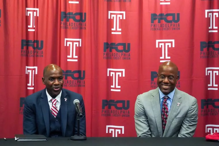 Arthur Johnson (left), Temple's new athletic director, and Temple president Jason Wingard at the Liacouras Center for a press conference to welcome Johnson to Temple.