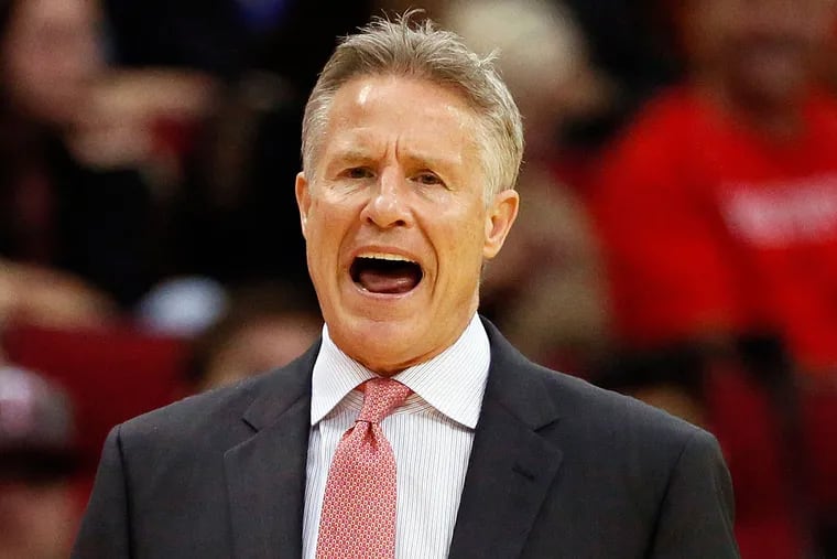 hiladelphia 76ers head coach Brett Brown yells from the sidelines during the first half against the Houston Rockets at Toyota Center.