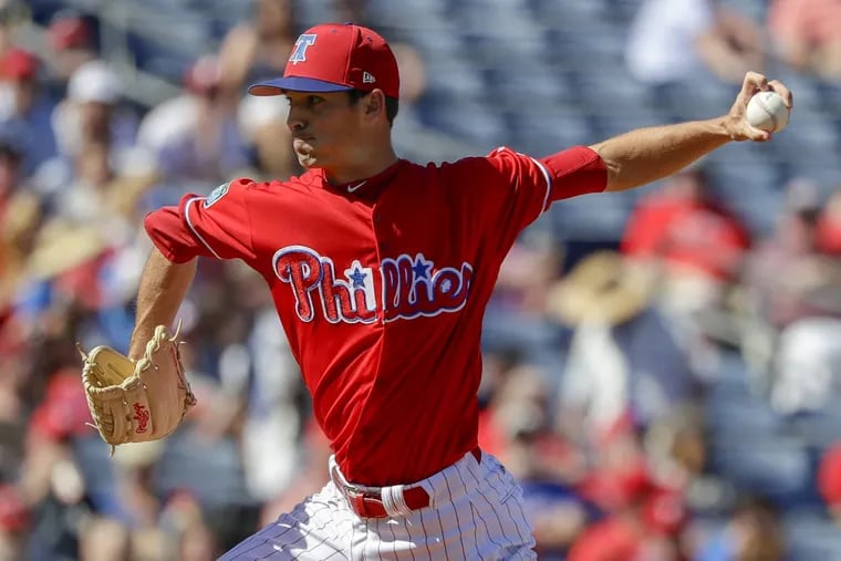 Phillies relief pitcher Hoby Milner throws the baseball in the fifth-inning during a spring training game against the Toronto Blue Jays at Spectrum Field in Clearwater, FL on Sunday, March 4, 2018.