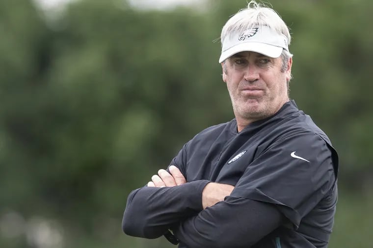Eagles' Head Coach, Doug Pederson looks on during practice at the NovaCare Complex on October 9, 2018 in Philadelphia, PA. JOSE F. MORENO / Staff Photographer
