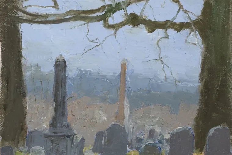 Detail from Patrick Connors' painting, "Early Spring Afternoon, Vista Between Two Trees" (2019), at Gross McCleaf Gallery