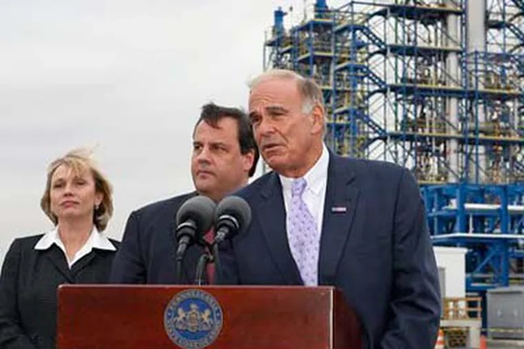 New Jersey Gov.-elect Chris Christie, center, and Lt. Gov.-elect Kim Guadagno, left, listen as Pennsylvania Gov. Ed Rendell, right, answers a question today in Fairless Hills, Pa. Among other things, Rendell met with Christie to talk about plans to deepen the Delaware River shipping channel. (AP Photo/Mel Evans)