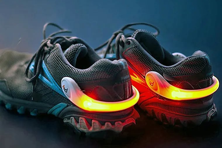 Power Spurz are battery-powered horseshoe-shaped silicone safety lights that slide onto the back of your shoes. You can set the ultra-bright Spurz to flash or glow continuously.