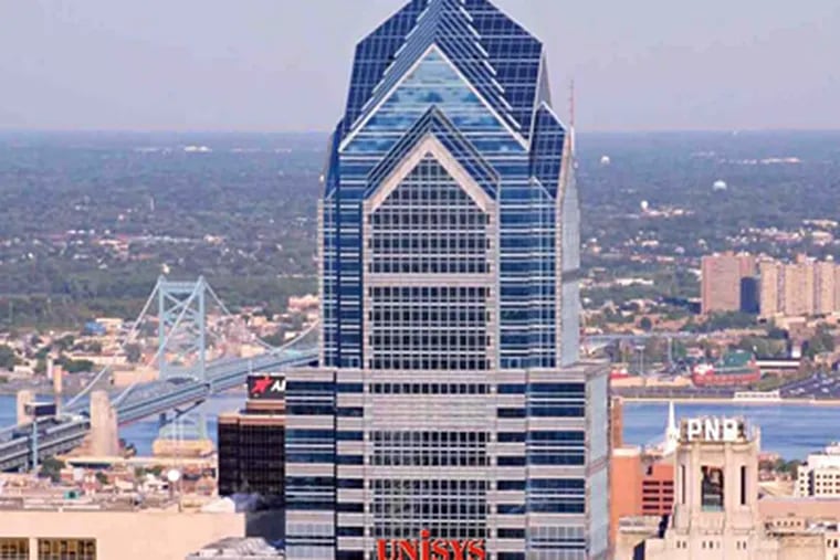 A rendering of what the Unisys sign would have looked like near the top of Two Liberty Place.