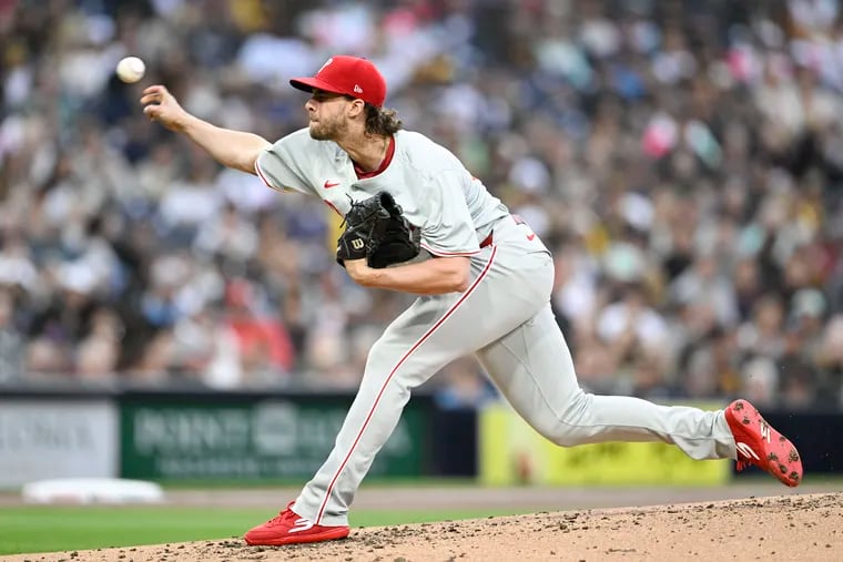 Aaron Nola #27 of the Philadelphia Phillies pitches during the second inning of a baseball game against the San Diego Padres on April 26, 2024 at Petco Park in San Diego, California. (Photo by Denis Poroy/Getty Images)