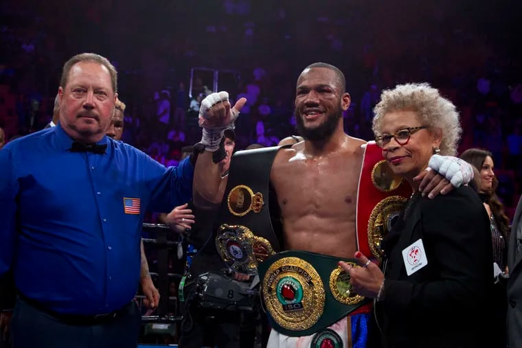 Julian Williams smiles after defeating Jarrett Hurd for the IBF, WBA and IBO super welterweight boxing titles in Fairfax, Va., Saturday, May 11, 2019. Williams won by unanimous decision. (AP Photo/Jose Luis Magana)
