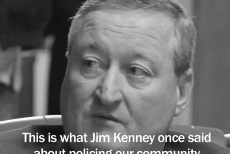 Screenshot from a new ad from state Sen. Anthony Hardy Williams that slams Jim Kenney (pictured) over complaints the former City Councilman made almost 20 years ago about restrictions that were being placed on police.