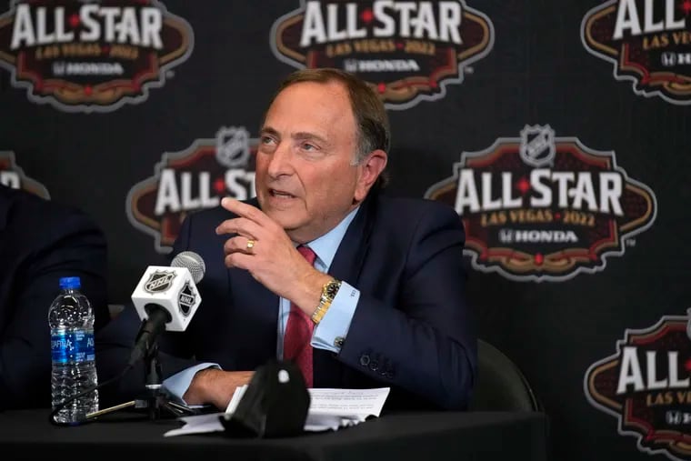 NHL commissioner Gary Bettman speaks before the Skills Competition event, part of the NHL All-Star weekend, Friday, Feb. 4, 2022, in Las Vegas. (AP Photo/Rick Scuteri)