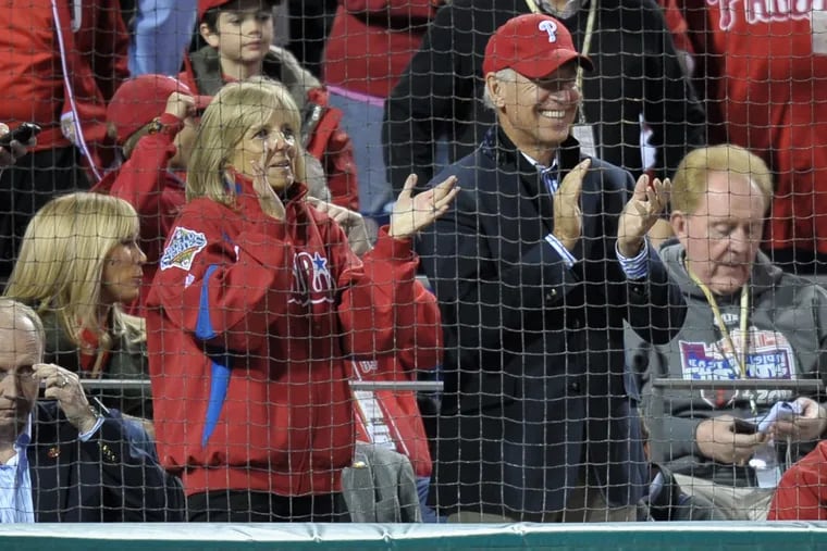 U.S. Vice President Joe Biden and his wife Jill watch the Philadelphia Phillies host the St. Louis Cardinals during Game Five of the National League Divisional Series at Citizens Bank Park on Oct. 7, 2011 in Philadelphia, Pennsylvania.  (Drew Hallowell/Getty Images/TNS)