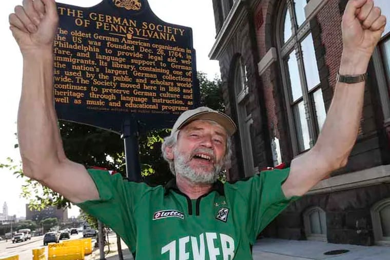 German-born and raised Tony Michels, vice president of the German Society on Spring Garden Street, roots solely, constantly, and loudly for Germany. But on Thursday he has to be careful: His American wife supports the U.S. soccer team.  (  Steven M. Falk / Staff Photographer )