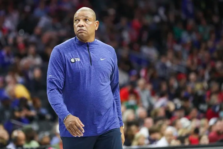 Sixers coach Doc Rivers after calling a timeout during a loss to the San Antonio Spurs at the Wells Fargo Center.