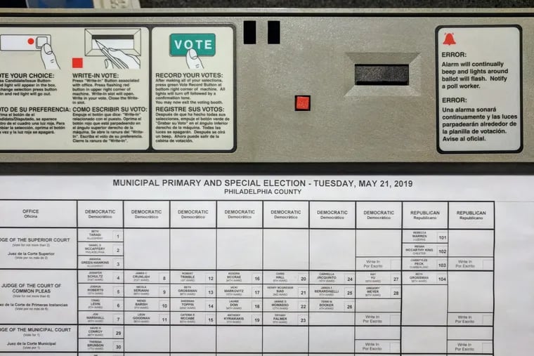 A May 21 primary election sample ballot on a voting machine outside the Philadelphia City Commissioners’ offices in City Hall.
