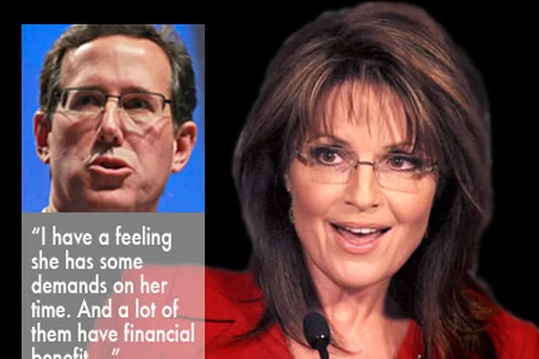 Former Sen. Rick Santorum implied that Sarah Palin was more interested in celebrity and money than in substance. (Alex Brandon / Spencer Weiner / AP)