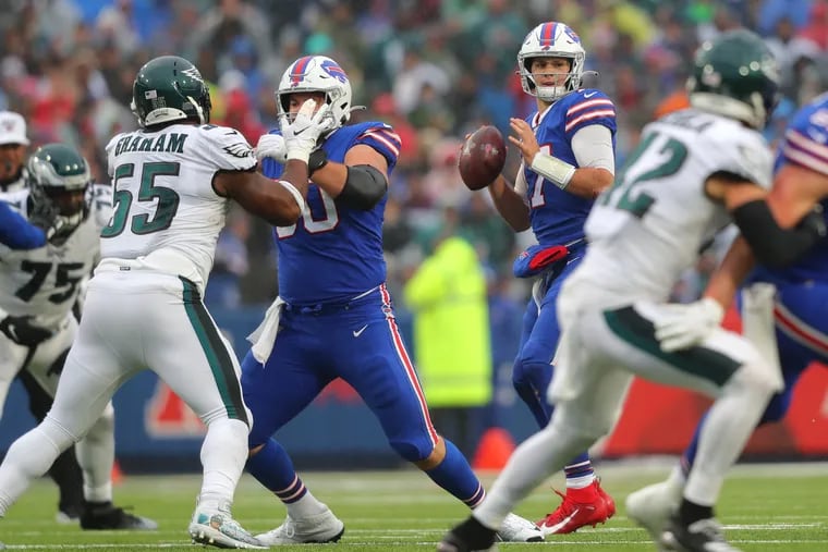 Bills QB Josh Allen scans the field during a 2019 game vs. the Eagles. The two teams are most likely to meet each other in the Super Bowl.