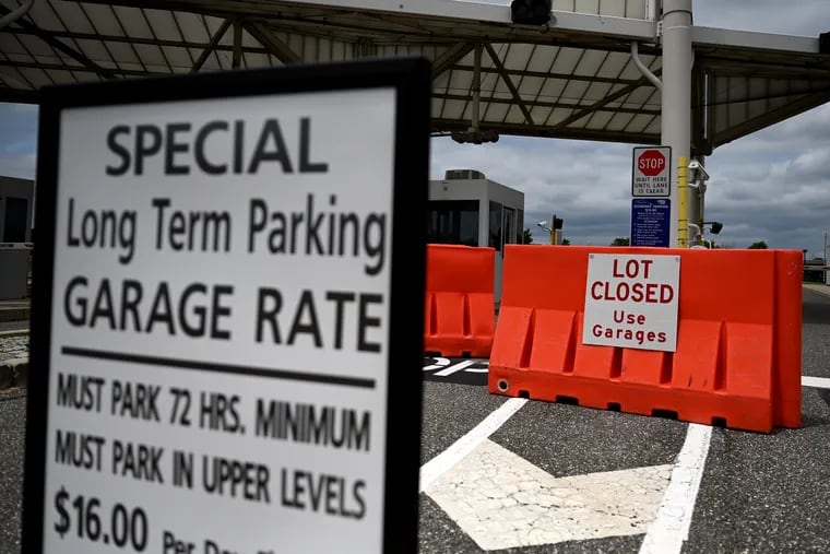 The closed entrance to the economy parking lot at Philadelphia International Airport, which has been closed since March 2020.