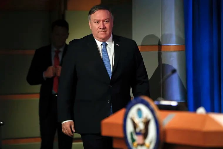 Secretary of State Mike Pompeo arrives to speak at the State Department in Washington, Wednesday, April 17, 2019.