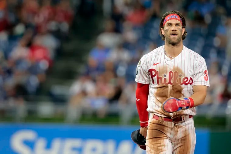 Phils Bryce Harper reacts after being caught trying to steal second base during the Chicago Cubs at Philadelphia Phillies MLB game at Citizens Bank Park in Phila., Pa. on Sept. 15, 2021.