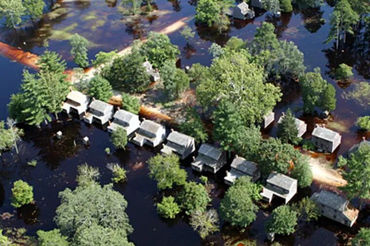 An aerial view of floodwaters that engulfed Batsto when Hurricane Irene hit. More than 20 buildings were damaged and a key road was closed. (New Jersey Department of Environmental Protection)