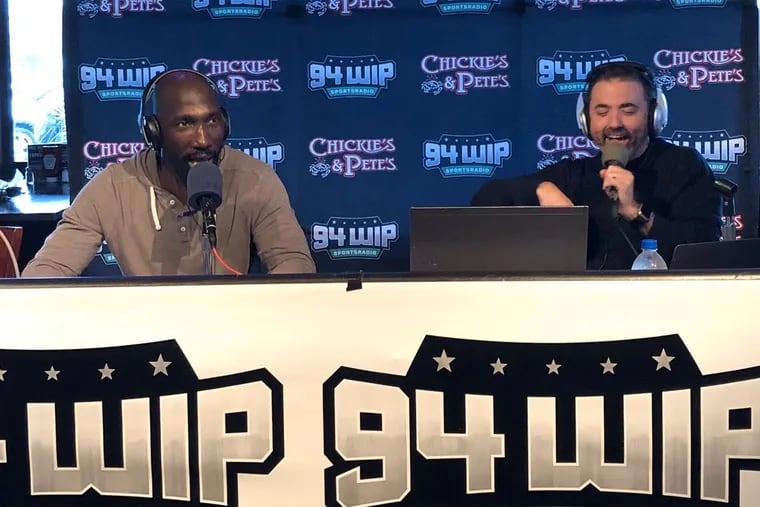 94.1 WIP afternoon hosts Ike Reese (left) and Jon Marks finished first in the market among men 24 to 54 for the third-straight quarter, edging out 97.5 The Fanatic's Mike Missanelli.