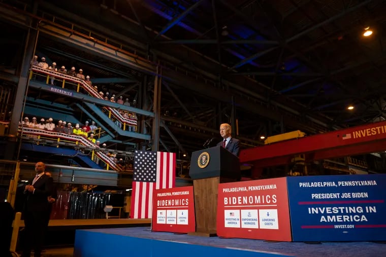President Joe Biden touted his group of economics policies called "Bidenomics" at the Philly Shipyard on July 20.