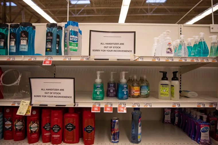 Giant Food Stores on 116 Township Line Rd, in Havertown, Pa., has put up a sign letting customers know that they’re out of stock on hand sanitizer on Tuesday, March 3, 2020.