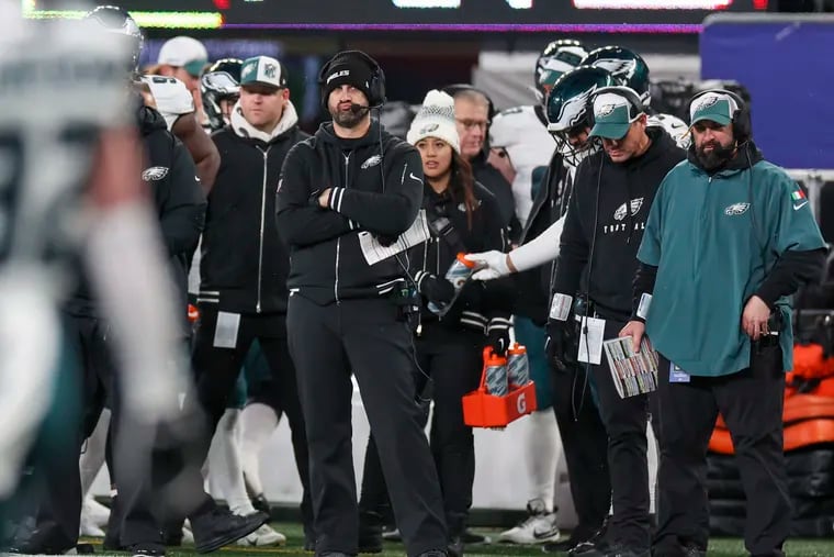 Eagles coach Nick Sirianni puckers up on the sideline as his team trails the  Giants by 24-0 in the second quarter Sunday.