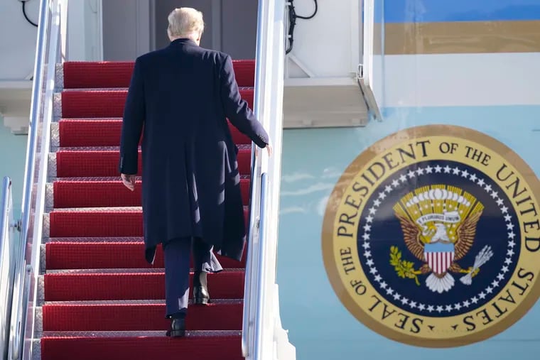 President Donald Trump boards Air Force One at Andrews Air Force Base, Md., for a trip to Alamo, Texas.