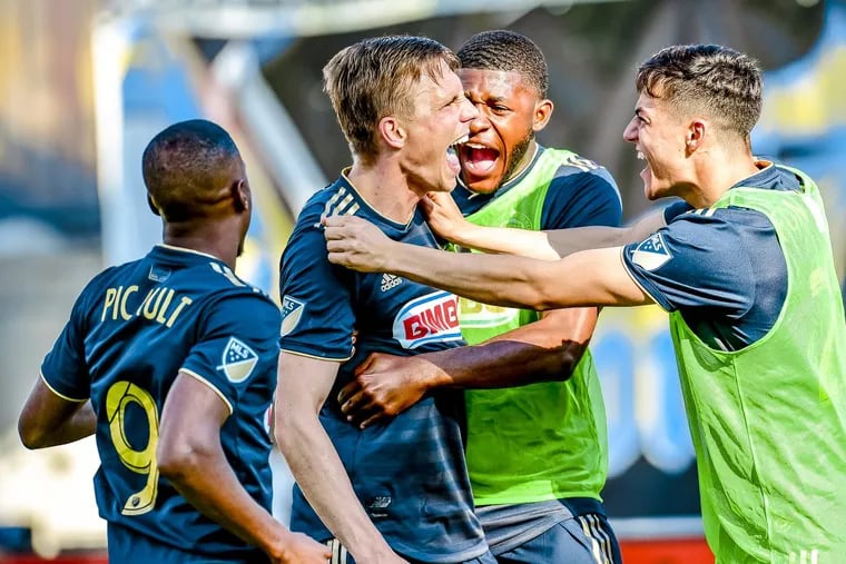 Borek Dockal celebrates after scoring his first goal for the Philadelphia Union in the team’s 3-2 win over D.C. United at Talen Energy Stadium on Saturday.