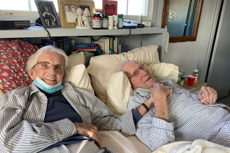 Jackie Stockton, 90, left, and her husband, Stacy, 91, who are recovering from coronavirus after her birthday party March 8, attended by 25 people. Their daughter, reporter Alice Stockton-Rossini, had been in Westchester, N.Y. reporting on the containment zone for WOR radio.