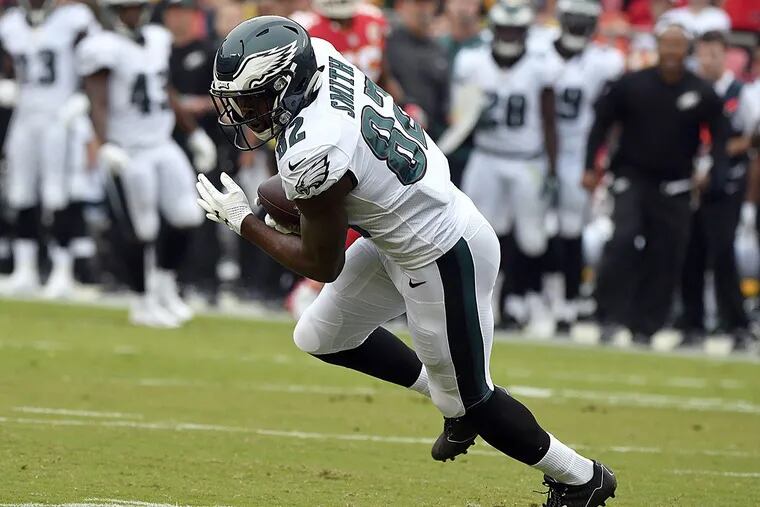 Philadelphia Eagles wide receiver Torrey Smith (82) carries the ball during the first half of an NFL football game against the Kansas City Chiefs in Kansas City, Mo., Sunday, Sept. 17, 2017.