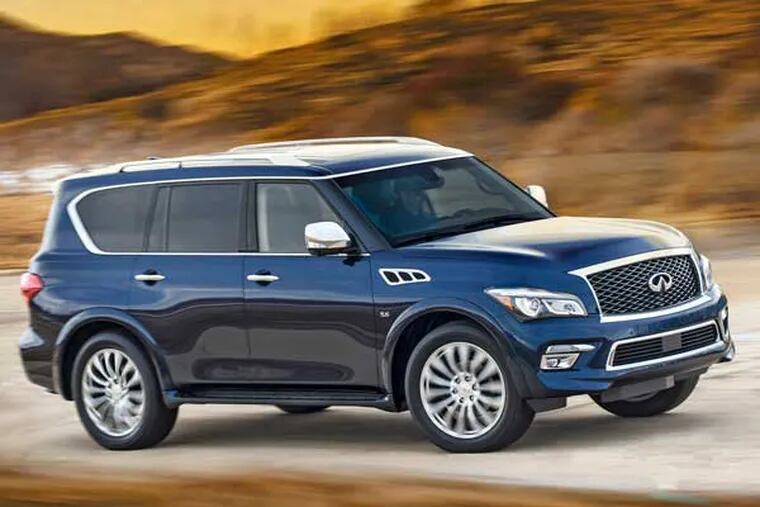 The Infiniti QX80 offers a fresh new exterior design and a more crafted interior for 2015, plus additional standard features and technology, bringing Infiniti&apos;s premium full-size luxury SUV closer in look and feel to the dramatic new Infiniti Q50 sports sedan. (Nissan/TNS)