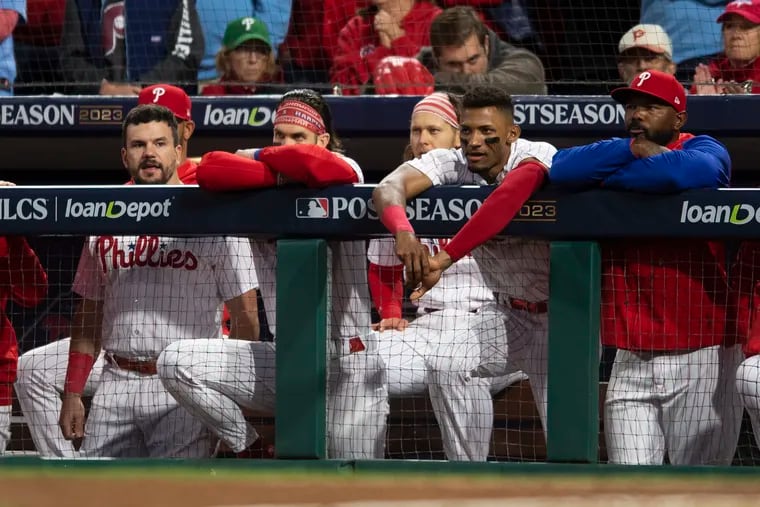 Philadelphia Phillies look on from the dugout against the Arizona Diamondbacks during the fifth inning in Game 6.