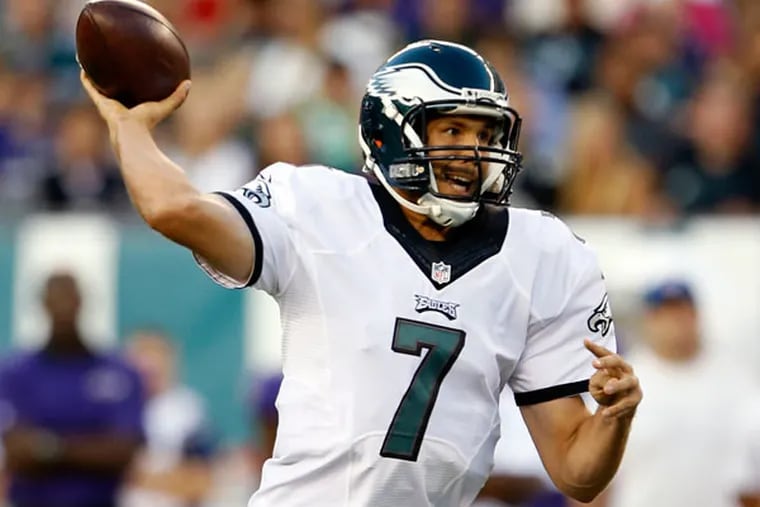 The Eagles' Sam Bradford throws against the Baltimore Ravens in the first quarter during a preseason game on Saturday, Aug. 22, 2015, in Philadelphia.