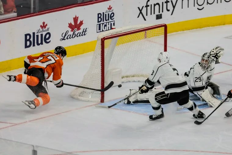 Flyers winger Wade Allison scores on Kings goalie Pheonix Copley during the first period on Tuesday night.
