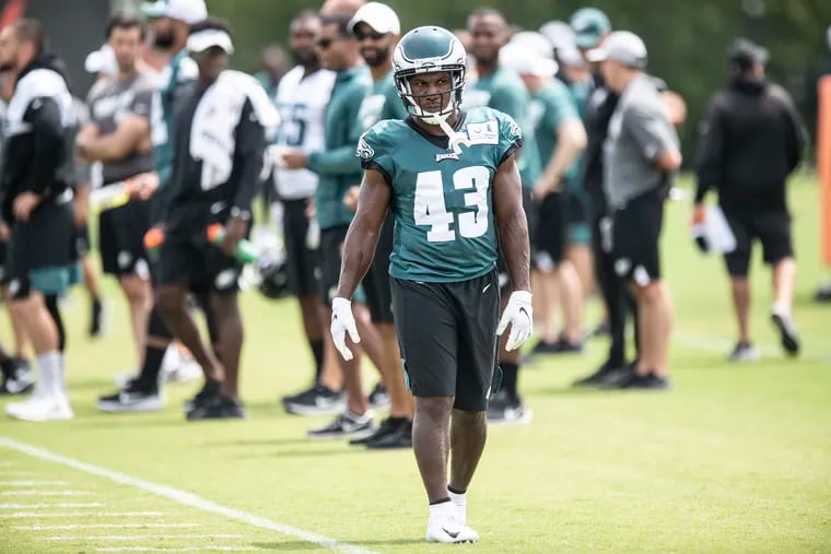 Philadelphia Eagles Darren Sproles walks on the sidelines during practice at the NFL football team's training camp in Philadelphia, Monday, August 5, 2019.